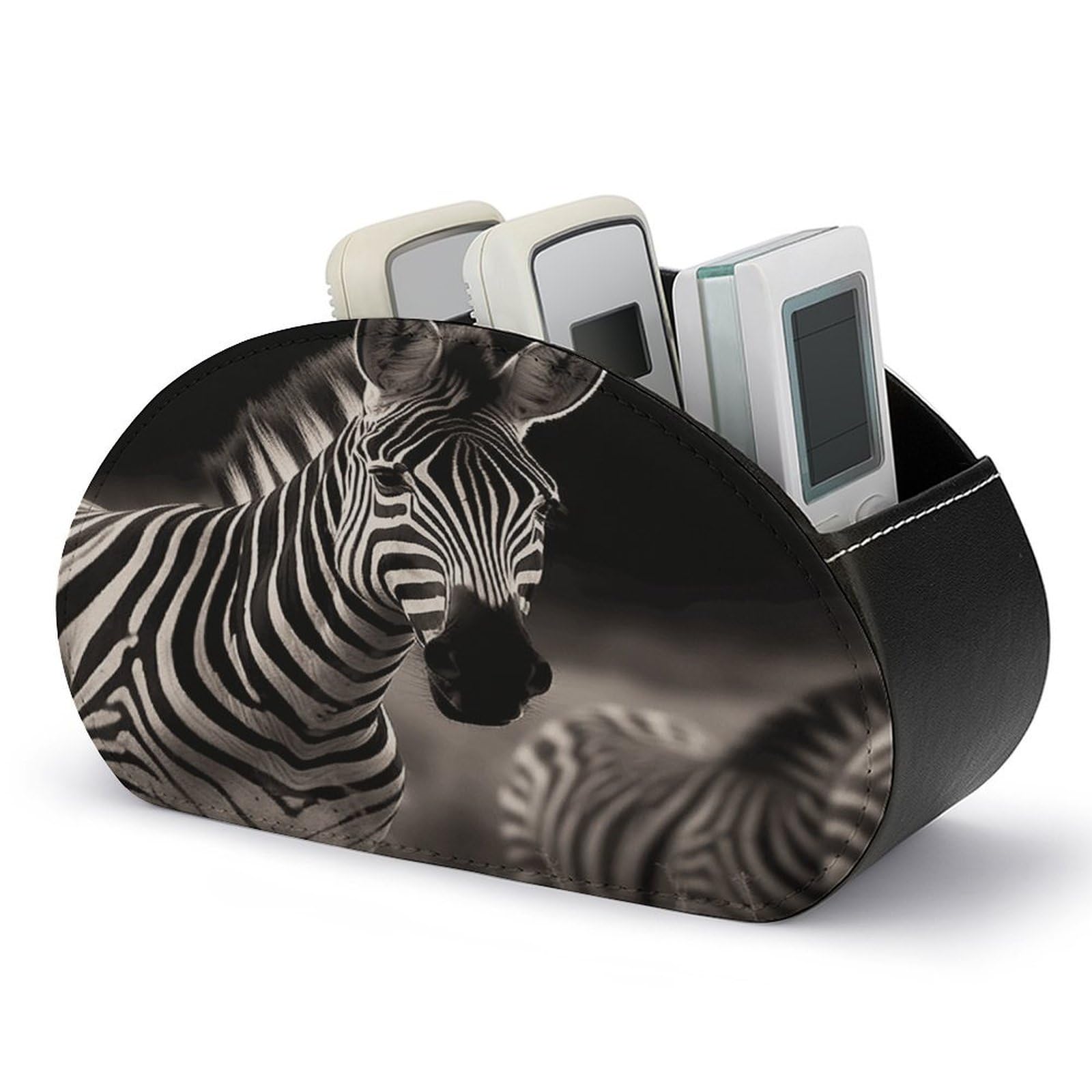 VstaDank Wild Animals Zebra Remote Control Holder Farmhouse TV Media Remote Storage Box with 5 Compartments PU Leather Remote Caddy Desktop Organizer for Home Bedside Table Organizer