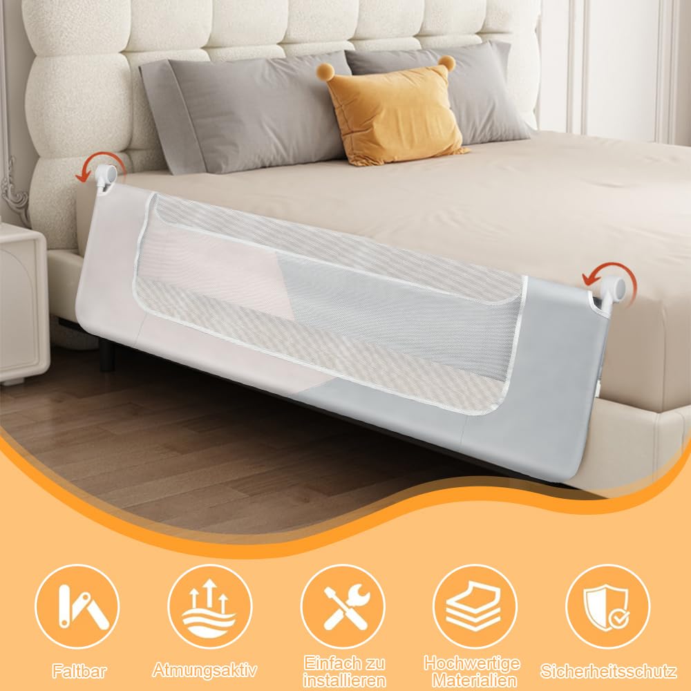 Homewell Portable Bed Rail 150 x 66-80 cm, Barrera de cama infantil plegable, altura ajustable, marco de metal, barrera de seguridad para niños, cama de matrimonio, poliéster (gris claro + gris oscuro