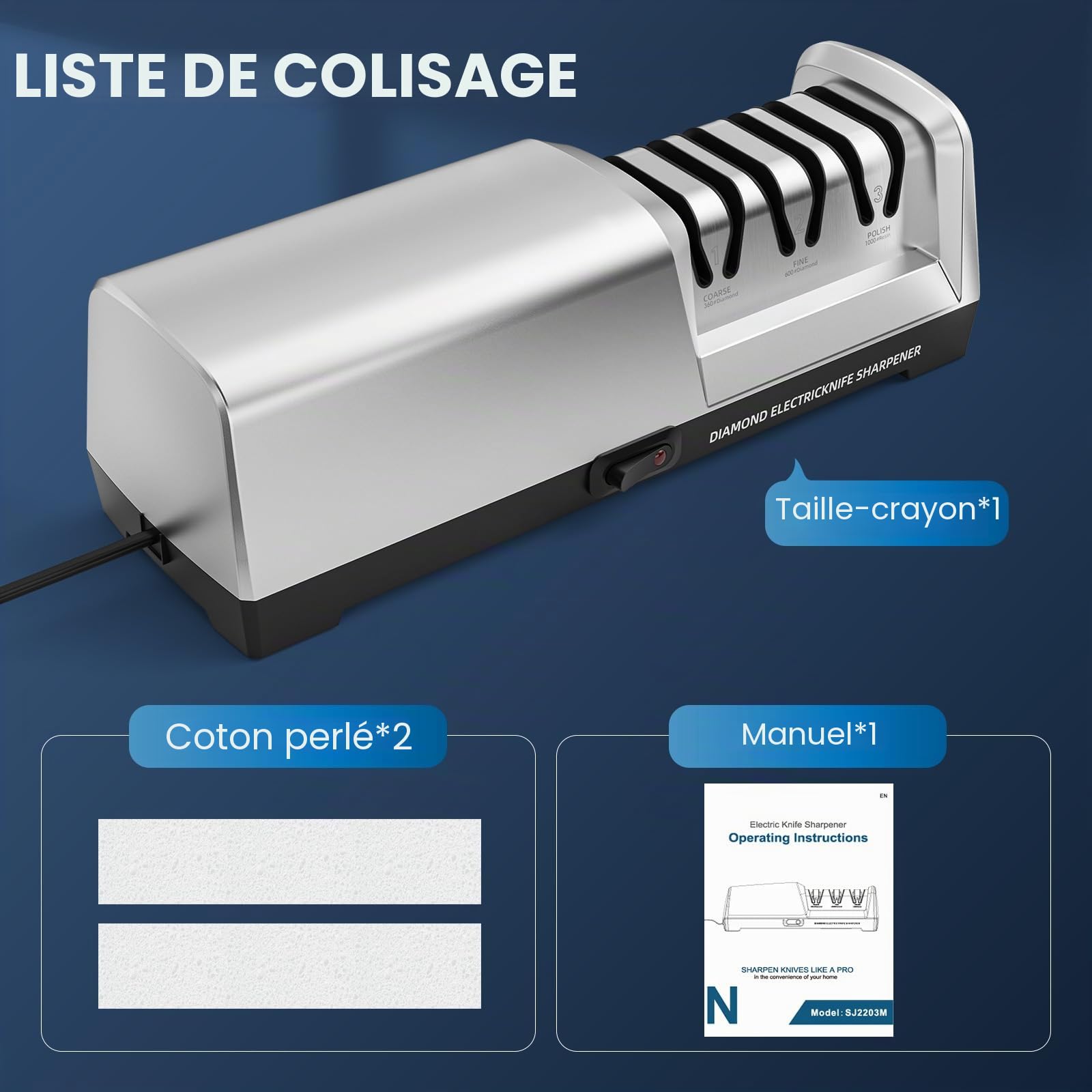 Aiguiseur de couteaux électrique MusyVocay 100% diamant, aiguiseur de couteaux de cuisine professionnel à 3 niveaux et 20 degrés avec guide d'angle de précision pour un affûtage grossier (Argent)