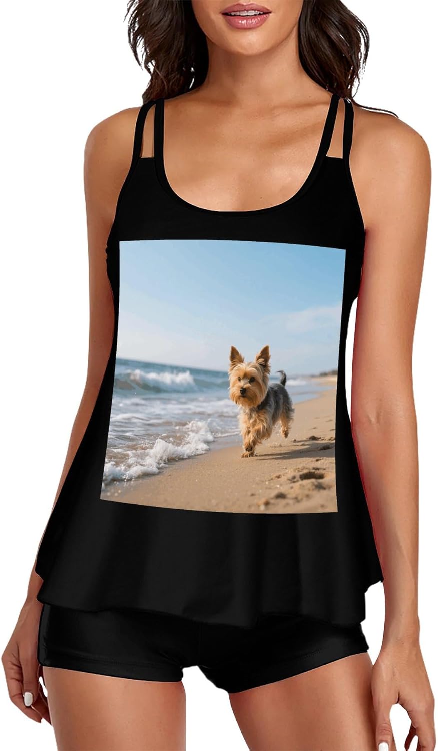 Yorkshire Terrier on Beach Tankini Swimsuits for Women Tummy Control Two Piece Bathing Suits Swim Tops with Boy Shorts