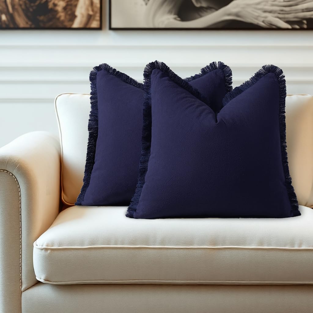 HOMTRYLIC Cushion Covers 60×60cm Set of 2 Soft Cotton Decorative Throw Pillows Covers with Tassels Farmhouse Boho Pillow Cases Square Pillowcases for Sofa Bed Couch Home Decor, Navy