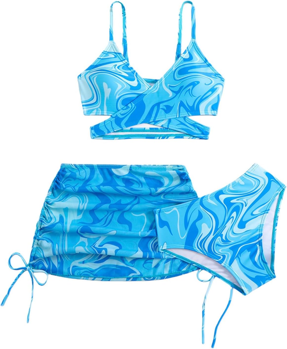 Girls Swimsuits 3 Piece Cute Print Beach Bikini Set Adjustable Straps Bathing Suit with Cover Up Skirt Sports Swimwear