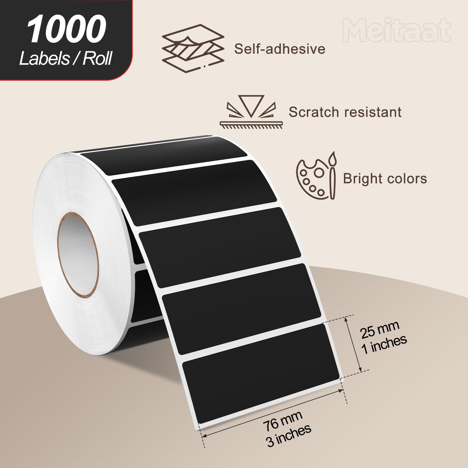 1000 Pieces Étiquettes Noires 76×25 mm Autocollantes Adhésives Gommettes Rectangulaires en Vinyle et ÉTanche pour Bureau & Entrepôts