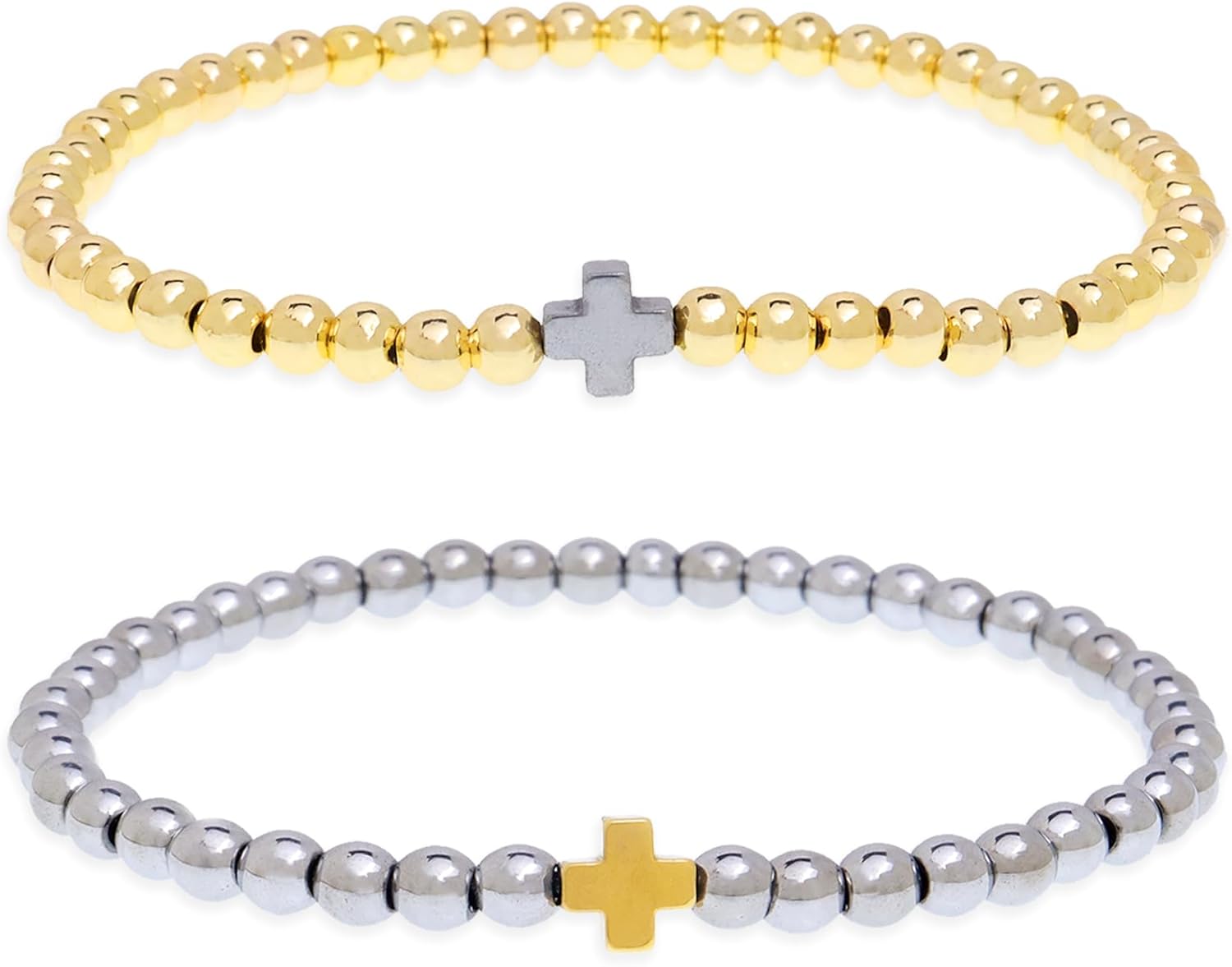 Gold Silver Beaded Stack Stretch Matching Bracelets Set for Women, Dainty 2 Pcs Boho Handmade Cross Stackable Couple Bracelet Fashion Jewelry Gift.