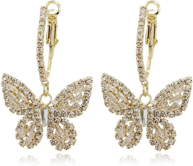 Crystal Butterfly Drop Dangle Earrings Chic Round Circle Open Earrings Tiny Cute Sparkly Rhinestone Drop Hoop Earrings Jewelry Gift for Women Girls