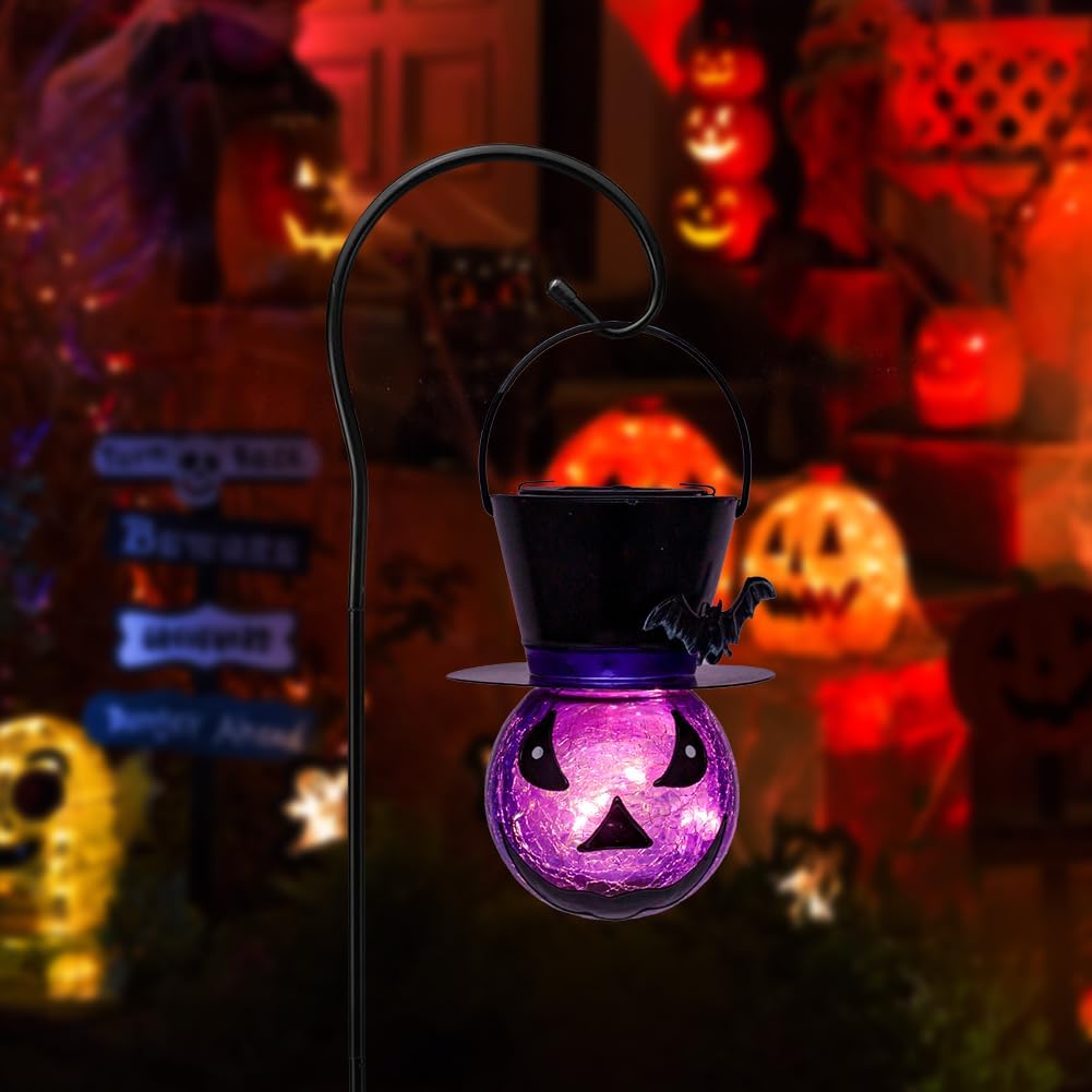 STARSOUL Halloween Solar Lanterns Purple Ghost and Bat, Hanging Solar Halloween Decorations, Halloween Solar Lights for Outdoor Garden Patio, Gifts for Women Grandma (with Shepherd Hook)