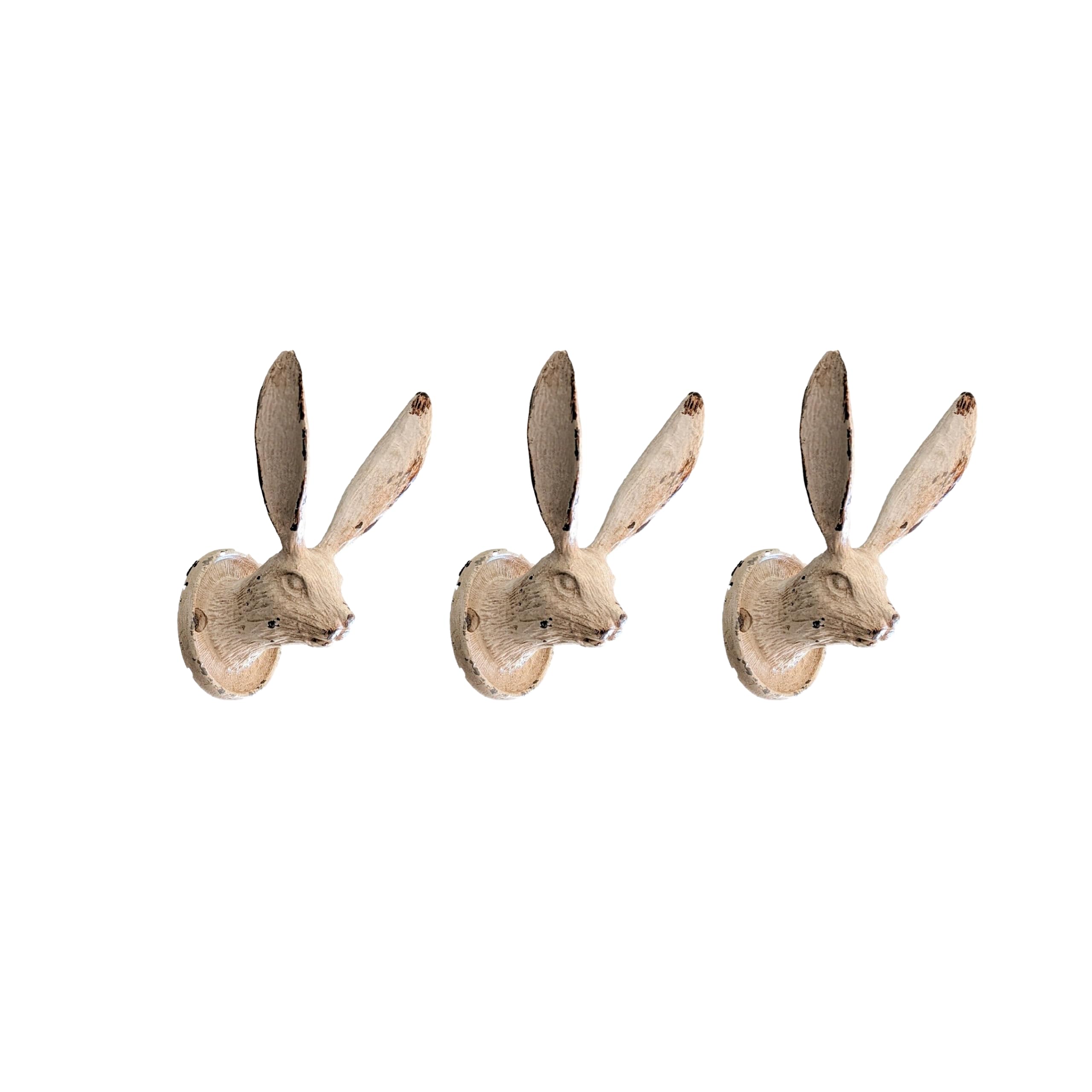 Fyne-Finds Antique Cream Set Of 3 Rustic Hare Easter Bunny Coat Hat Key Hook Vintage Cream Metal Ornate Wild Animal Wall Door Hooks