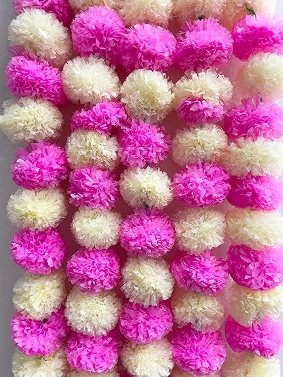 Brikshi Artificial Marigold Flowers for Decoration Long Marigold Garlands for Decoration Indian genda phool for Wedding & Festival |5 Feet Long (Pink&White, Pack of 10)