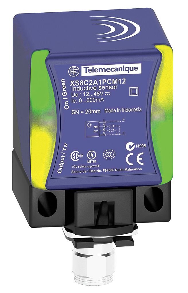 Telemecanique XS8C2A1PCM12 Universal Series Inductive Proximity Sensor, Multi-Function, Plastic 40 x 40 x 73 mm Rectangular Body, 3-Wire DC PNP Wiring, PNP Input, NO/NC Output, M12 Micro-Connector