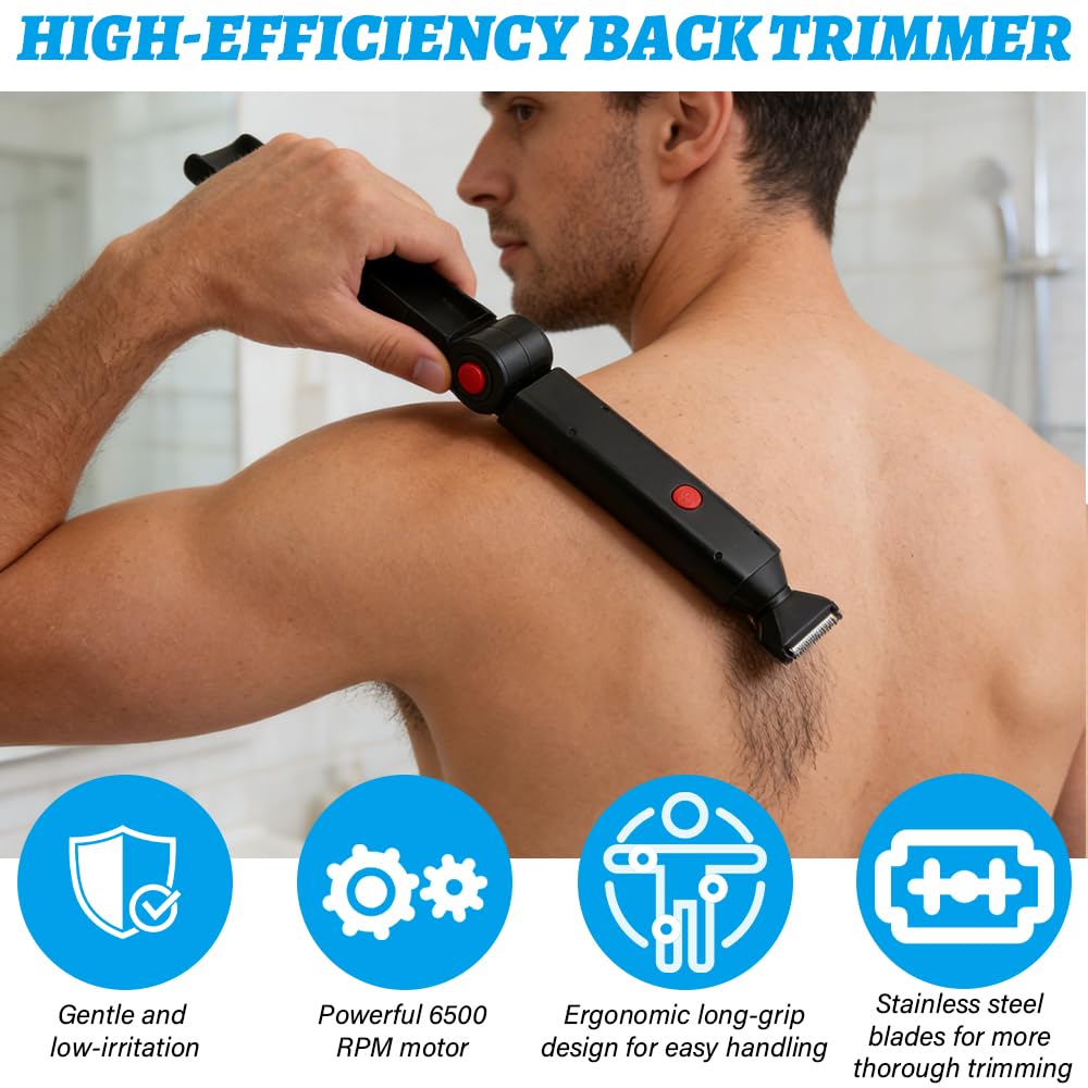 Rückenrasierer Herren, Verstellbare Körperrasierer Herren mit Doppelmesserkopf und Ergonomischer Armverlängerung, USB Rückenrasierer Elektrisch für Rücken, Brust und Schultern
