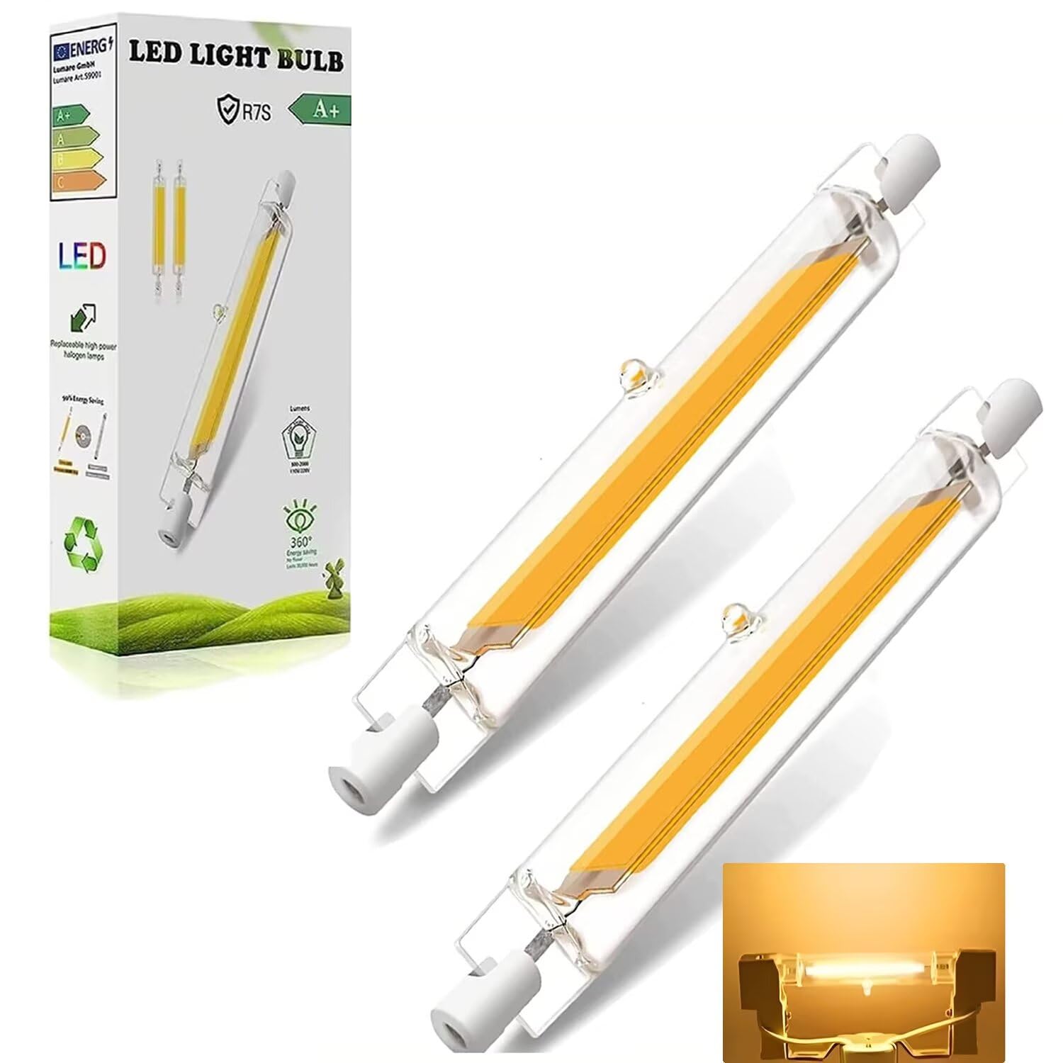 R7s LED Bulb 118mm Dimmable, 20W R7s LED Bulb Equivalent J118 200W Halogen, Warm White 3000K 2000LM, Flicker-Free 360° Light Angle, Energy Saving Linear Floodlight Bulbs Indoor Outdoor 2 Pack