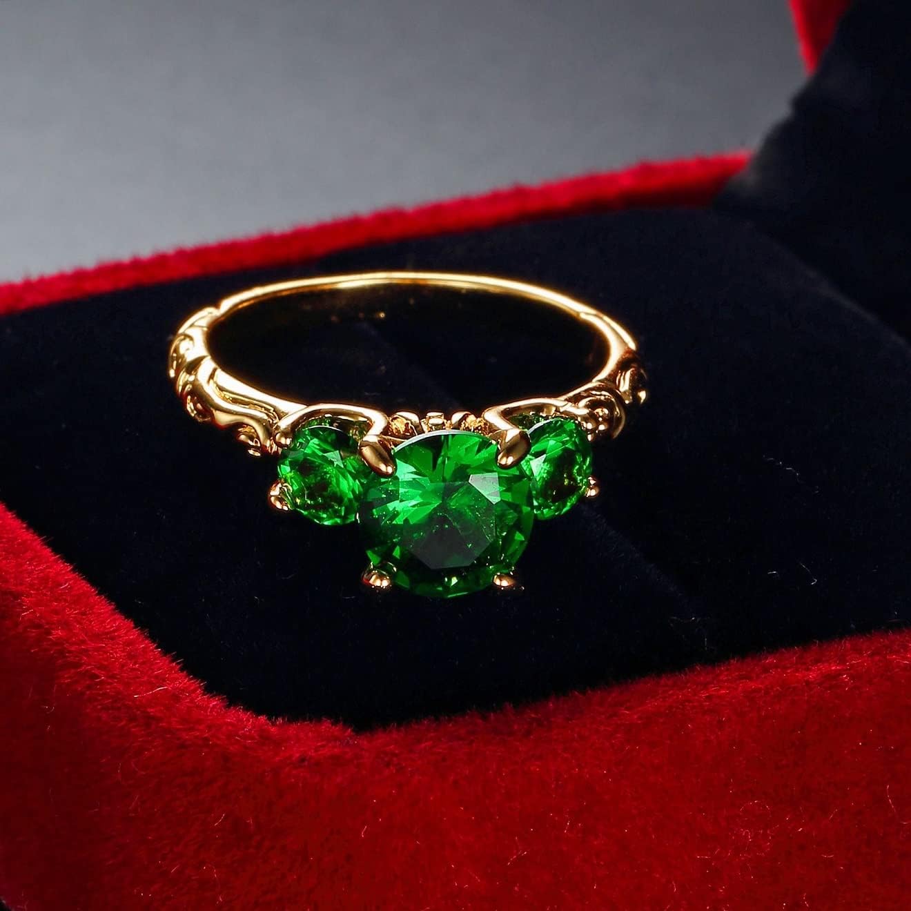 Hsitgexf Green Simulated Emerald 18K Yellow Gold Plated Silver Women Ring,Fashion Round-Cut Cubic Zirconia Three-Stone Engagement Ring (US Size 6) - Image 5