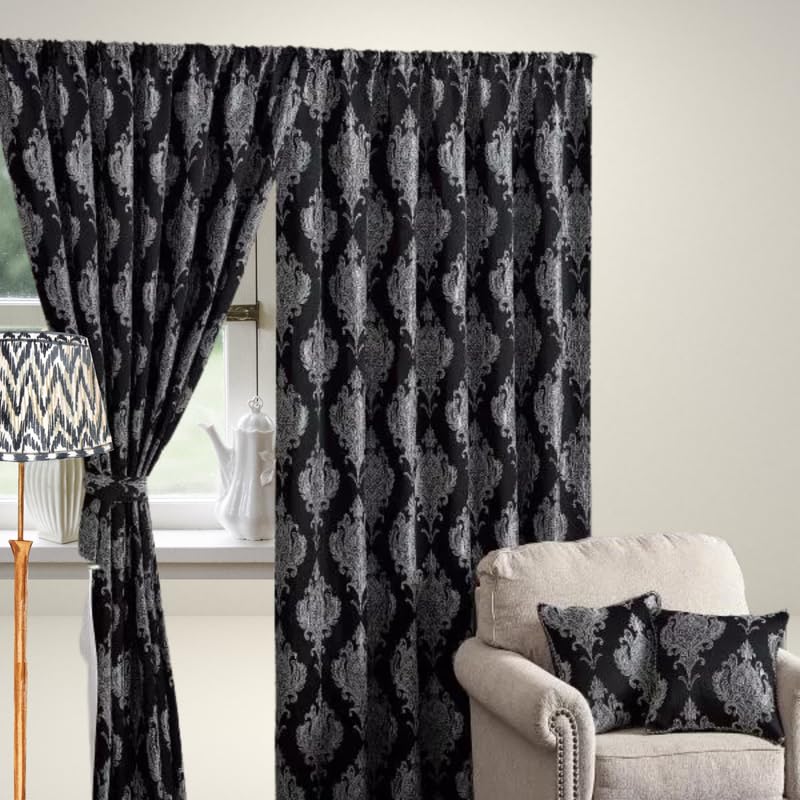 Luxury Full Line Heavy Jacquard Curtains with Tie Backs - Pencil Pleat Curtains for Living Room, Bedroom, or Office - Elegant and Premium Design - Black - 90x72