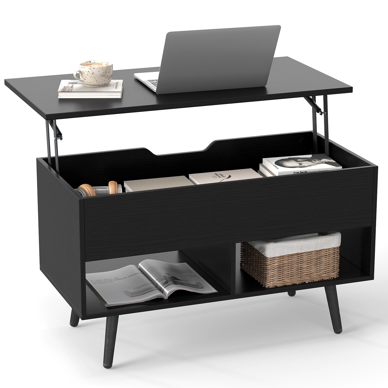 GIANTEX Tavolino da caffè con piano regolabile in altezza, tavolino da caffè e 2 ripiani aperti, tavolo da soggiorno allungabile, tavolino da tè moderno (nero)