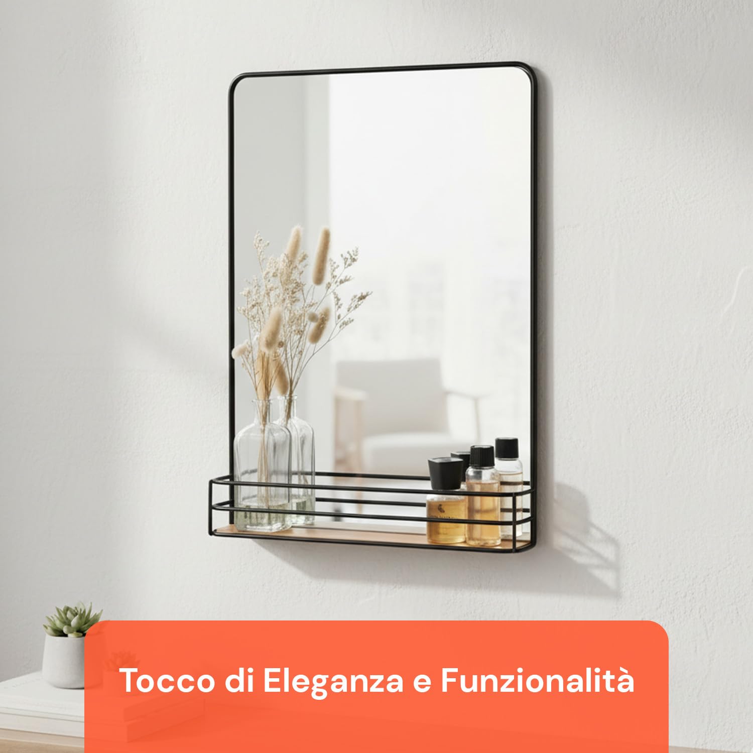 Avilia - Specchio da Parete 40x30x5cm Moderno con Cornice Nera e Ripiano in Legno - Specchio da Bagno con Mensola Portaoggetti Integrata - Design Elegante per Ingresso, Camera e Corridoio