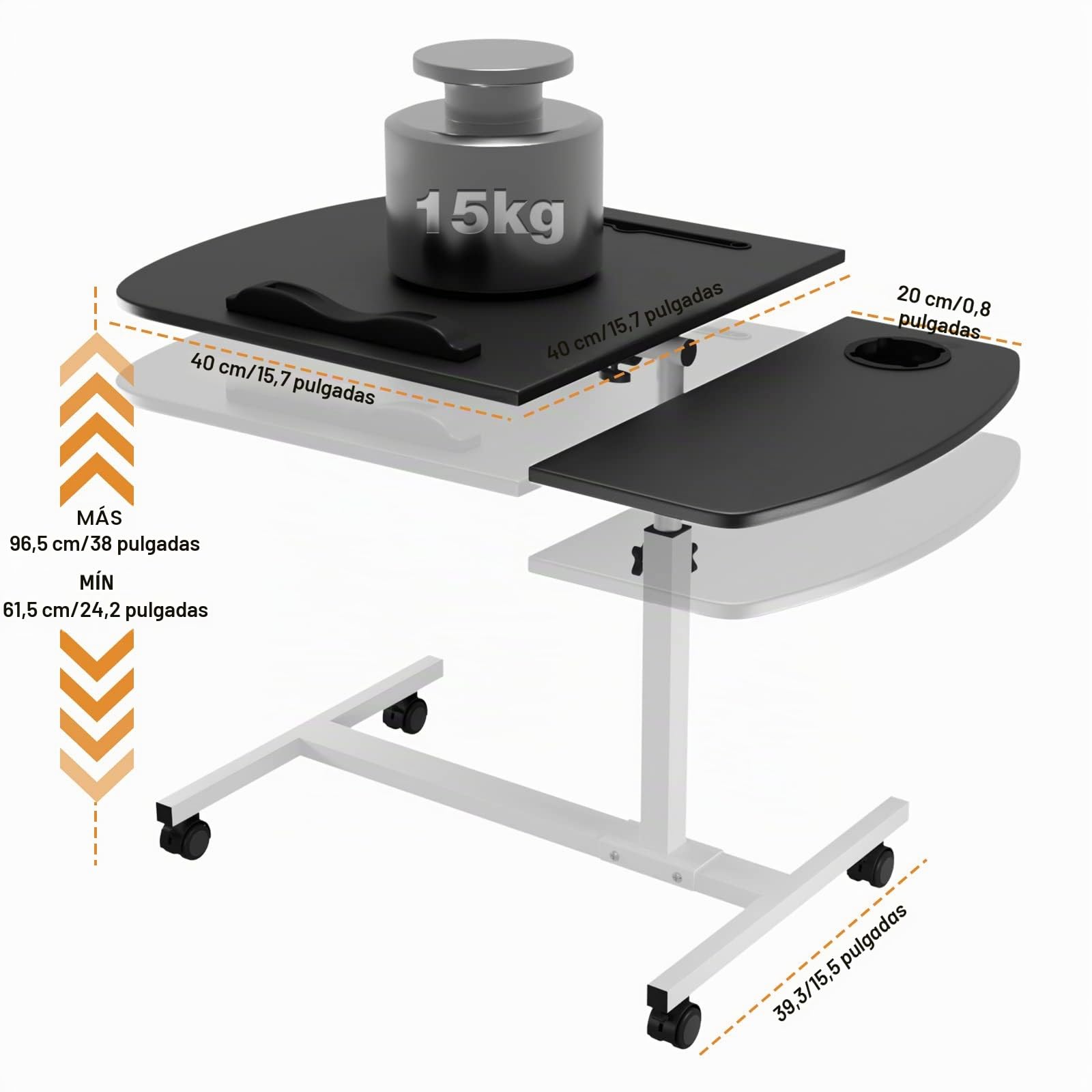 Escritorio Con Ruedas, 60x40cm Altura Ajustable, Flip 180° y Rotación 360°, Ranura Para Taza, Soporte de Lectura, Mesa Auxiliar Para Cama Sofá, Negro
