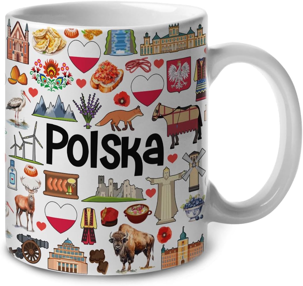 Lotacy Poland Polska Symbols Colorful Coffee Mug, Poland Polska Ceramic Mug 11 oz Coffee Mug, Poland Souvenir and Gifts, Gift Idea for Polish Men and Women