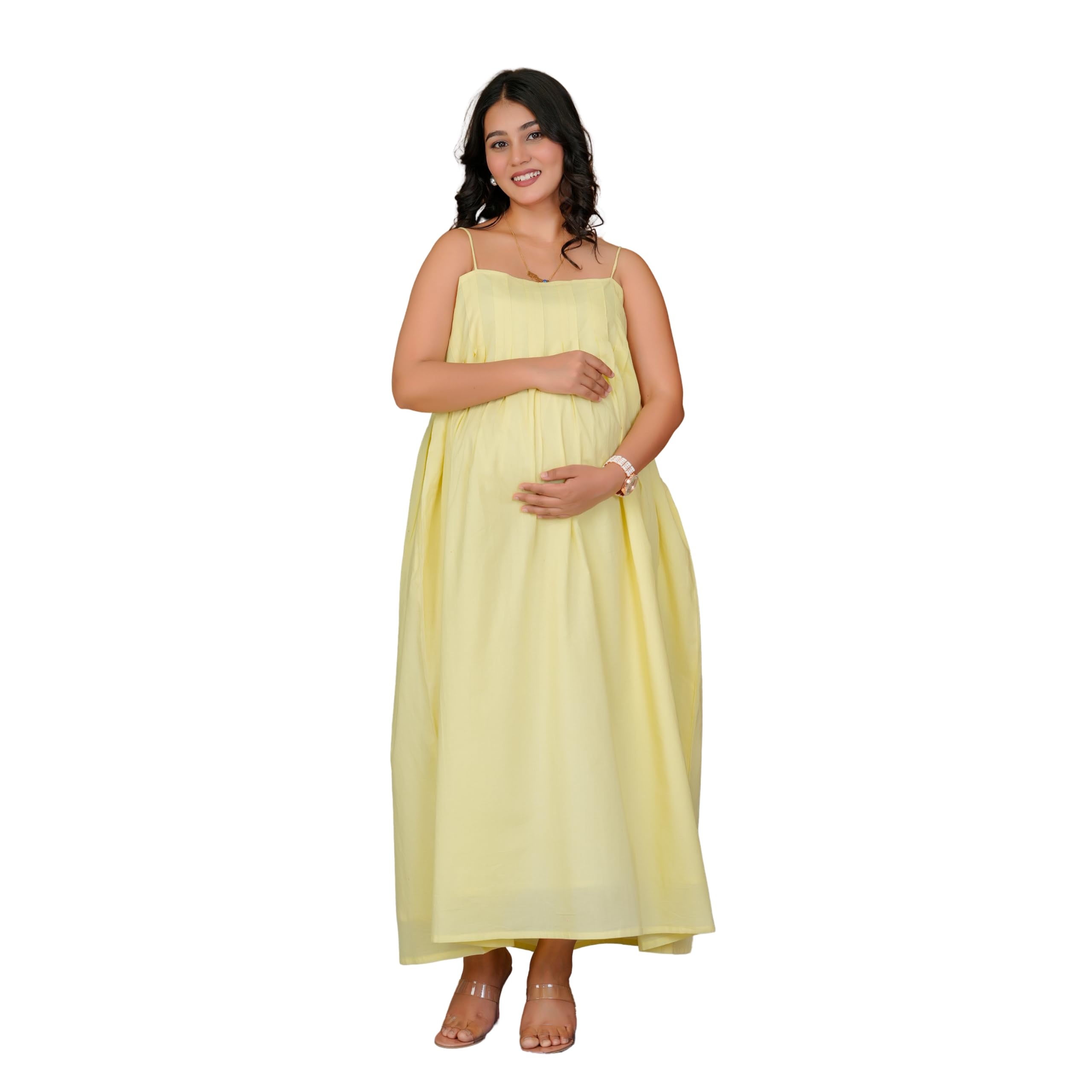 Maternity Dress, Cotton, Solid Yellow, Oversized Flowy Style, Lightweight, Casual Summer Wear-image-18