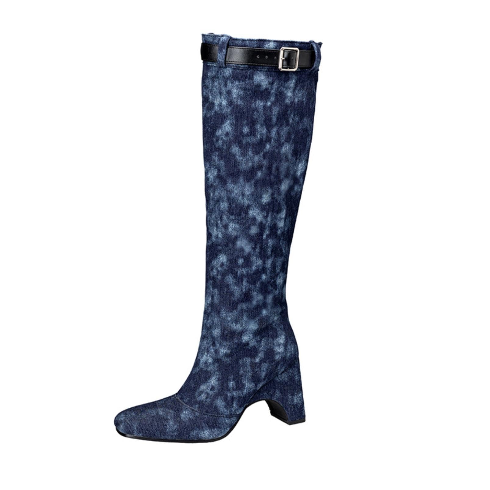 Womens Tie-Dye Knee-High Boots Square Toe Wedge Heels Adjustable Belt Strap Comfortable Non-Slip Wear-Resistant for Street Style Date