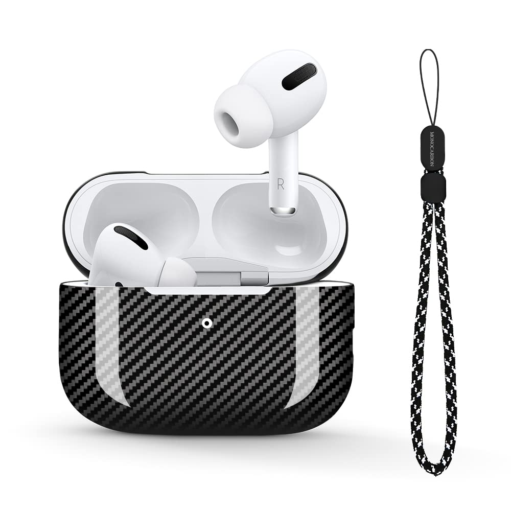 MONOCARBON Real Carbon Fiber for Airpods Pro 2nd Generation case (2022) Airpods Pro 2 case cover with Lanyard - Glossy Black