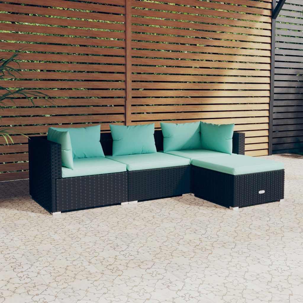 Set Salotto da Giardino 4 Pezzi in Rattan PE Nero | Modulari componibili con soffici cuscini blu acqua per momenti di relax in terrazzo patio o veranda.