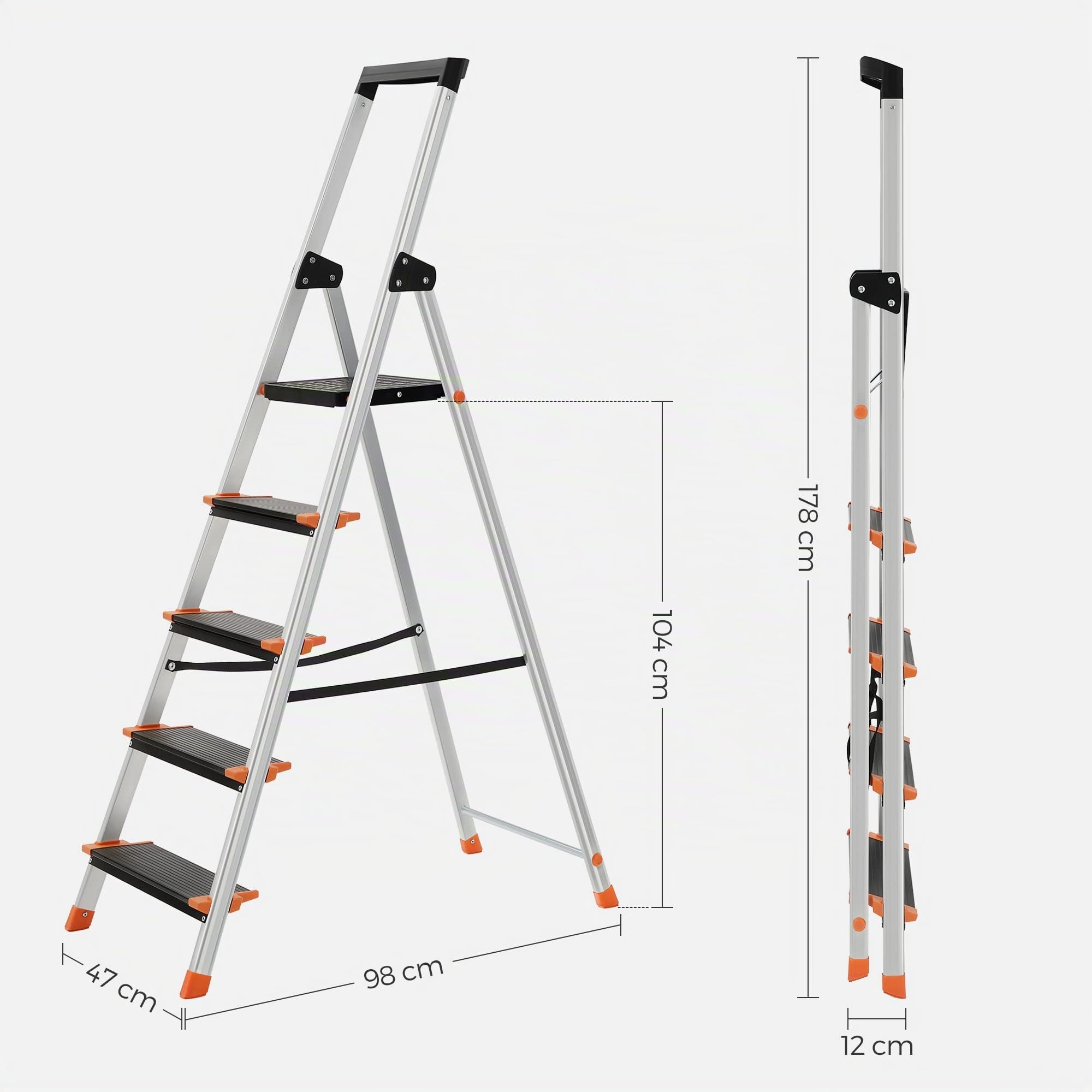 SONGMICS Escalera de 5 Peldaños, Escalera de Aluminio con Peldaños de 13 cm de Ancho, Antideslizante, Carga de 150 kg, Negro y Naranja GLT05BK | Peldaños antideslizantes de 13 cm de ancho, cumple con la norma EN 131, negro y naranja GLT05BK