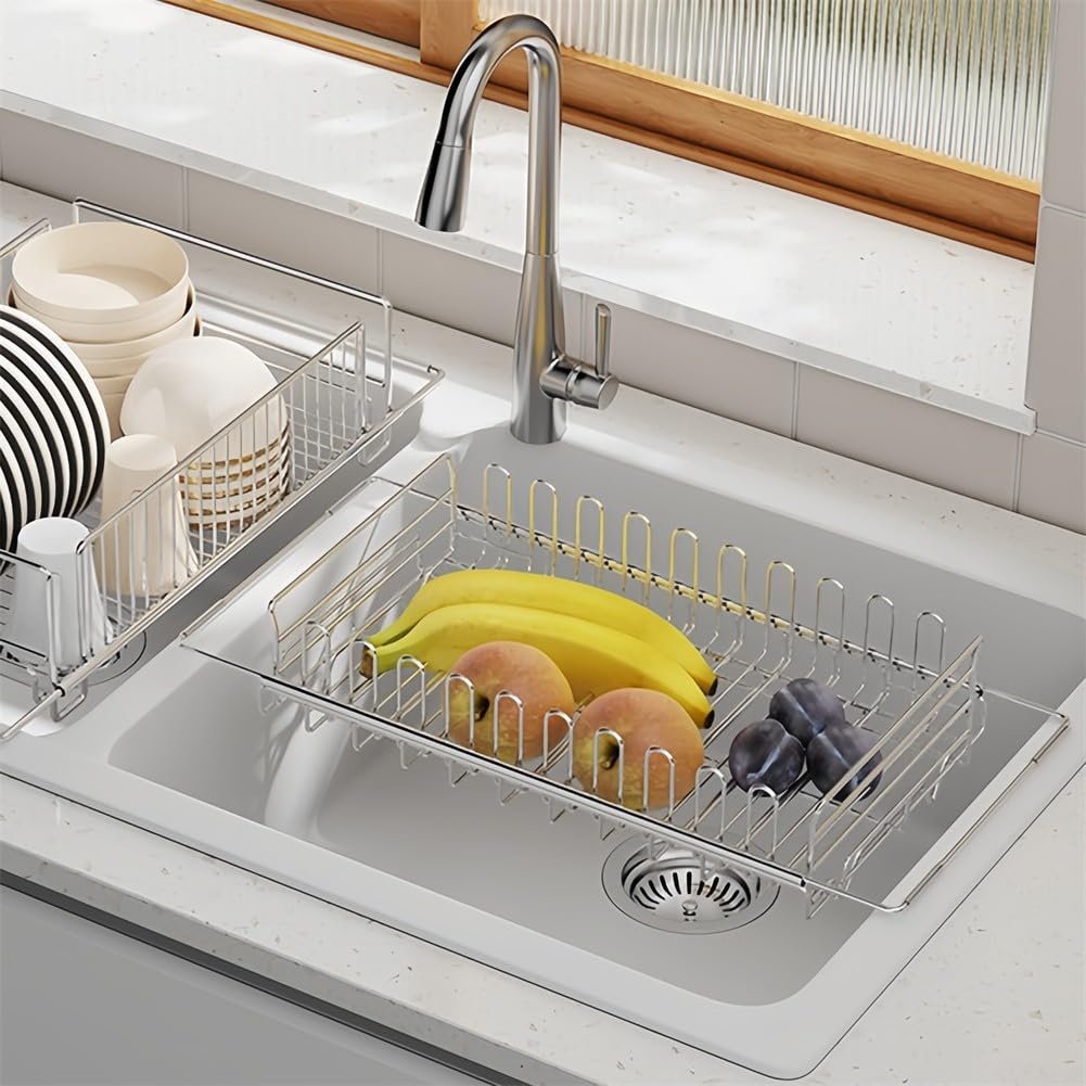 Égouttoir à vaisselle extensible en acier inoxydable avec porte-gobelets pour la cuisine, résistant à la rouille et économise de l'espace pour les petites cuisines et appartements