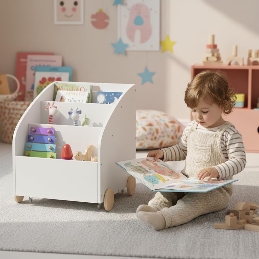 Bellabino Towy Kinderregal – Kinder Bücherregal mit 3 Fächern – Montessori Regal Weiß - Aufbewahrungsregal Kinderzimmer mit Rollen – Spielzeugregal mit Geheimfach – Kinderbücherregal 43x40x43 cm