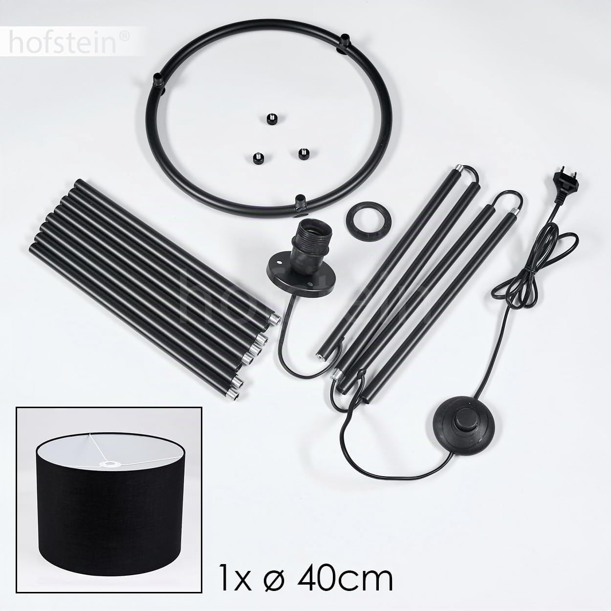 HOFSTEIN Stehleuchte Bassagoda, Stehlampe aus Metall/Stoff in Schwarz/Weiß, Leuchte im modernen Design mit rundem Schirm Ø 40 cm und Fußschalter, Höhe 152 cm, 1 x E27, Wohnzimmer, Schlafzimmer