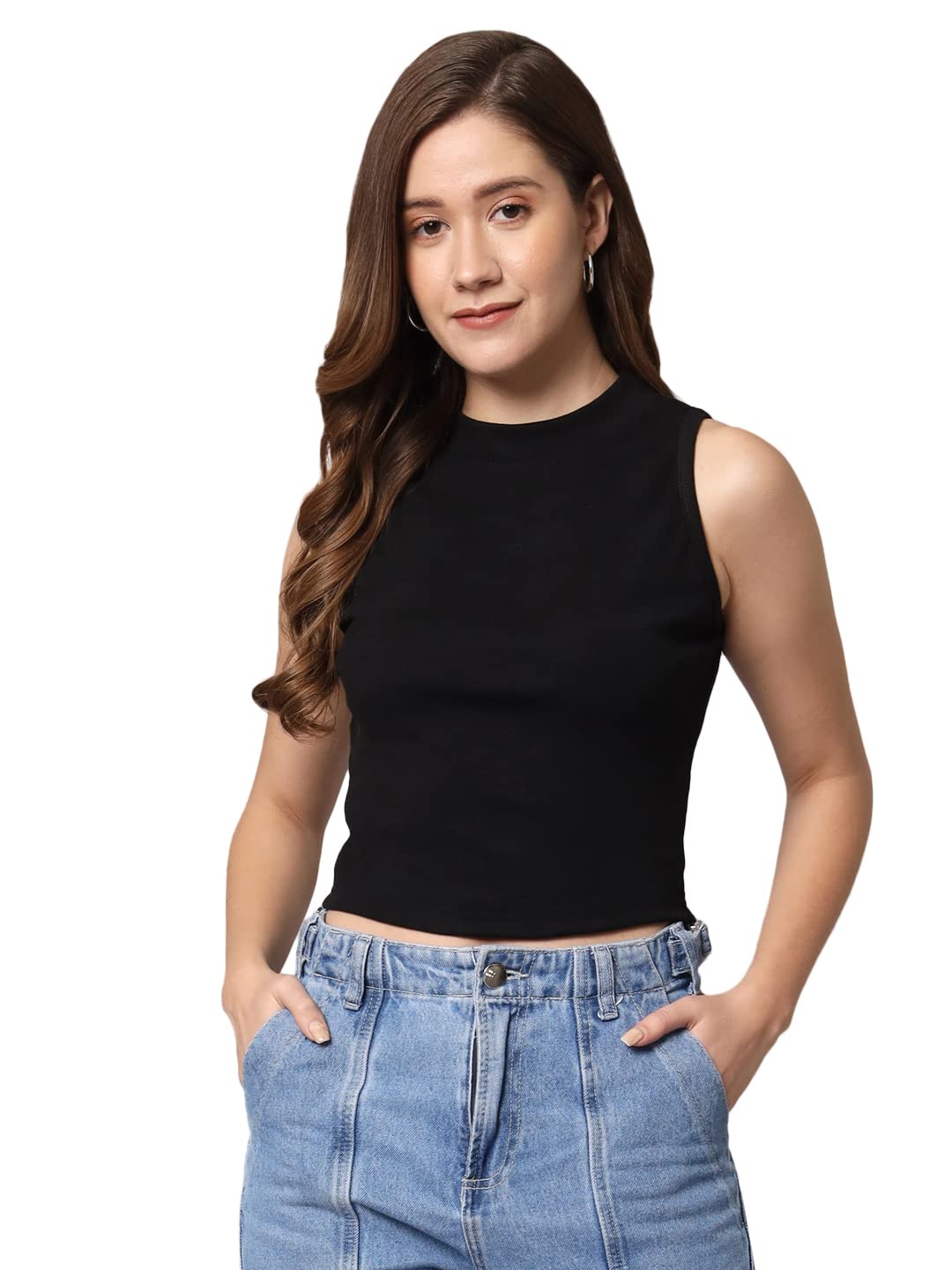 Women's Solid Ribbed Crop Tank Regular Fit Top For Women's