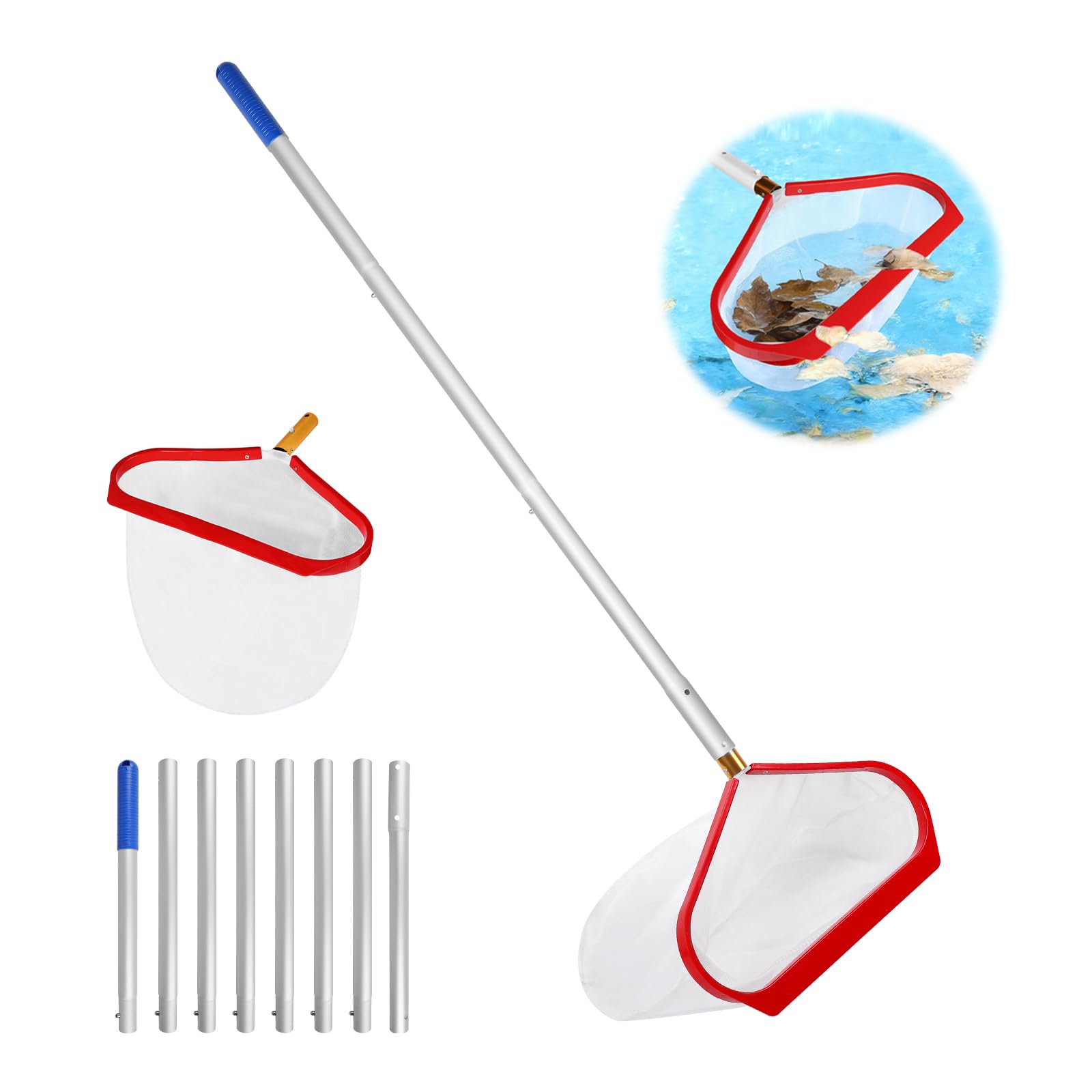 Recogedor para Piscina Red de Limpieza con Mango Ajustable 2,7m recogehojas de Fondo Red para Hojas en Piscina, SPA, Estanque de Peces - Tipo A (Marco Rojo Aluminio, Red Fina Blanca Profunda)