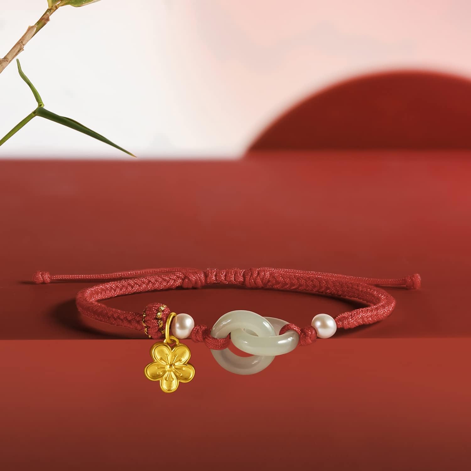24K Solid Gold Bracelets for Women, Real Pure Gold Bracelets Adjustable Friendship Charm Gold Cherry Blossom Green Nephrite Jade Jewelry Braided Bracelets for Mom Women Girlfriend Lover