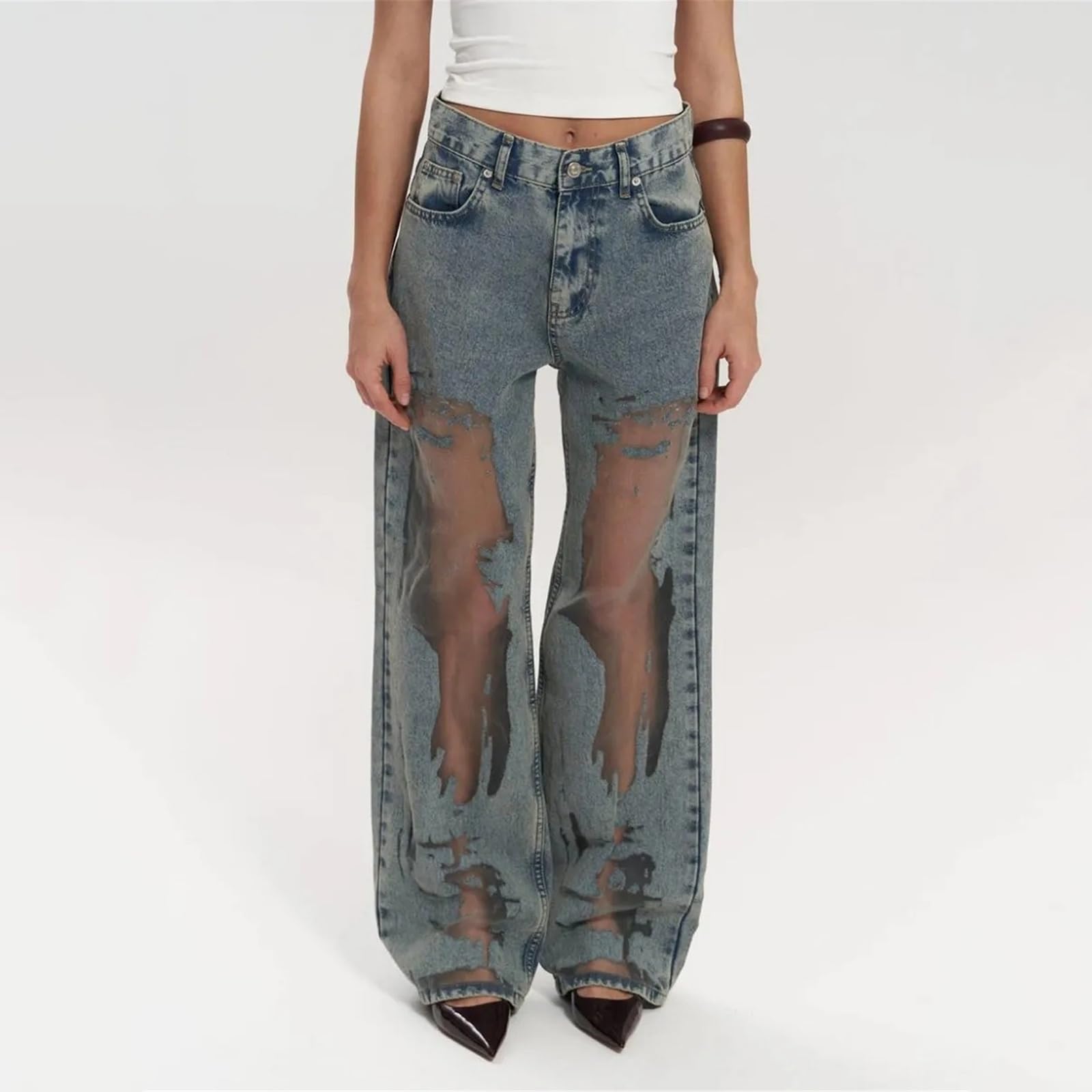 Damskie Jeansy Vintage z Siateczki Patchworkowej Seksowne Luźne Swobodne z Wysokim Stanem i Szerokimi Nogawkami Dżinsowe Spodnie Hip-hopowe Boyfriend Luźne Streetwear Sprane Zniszczone Jeansy