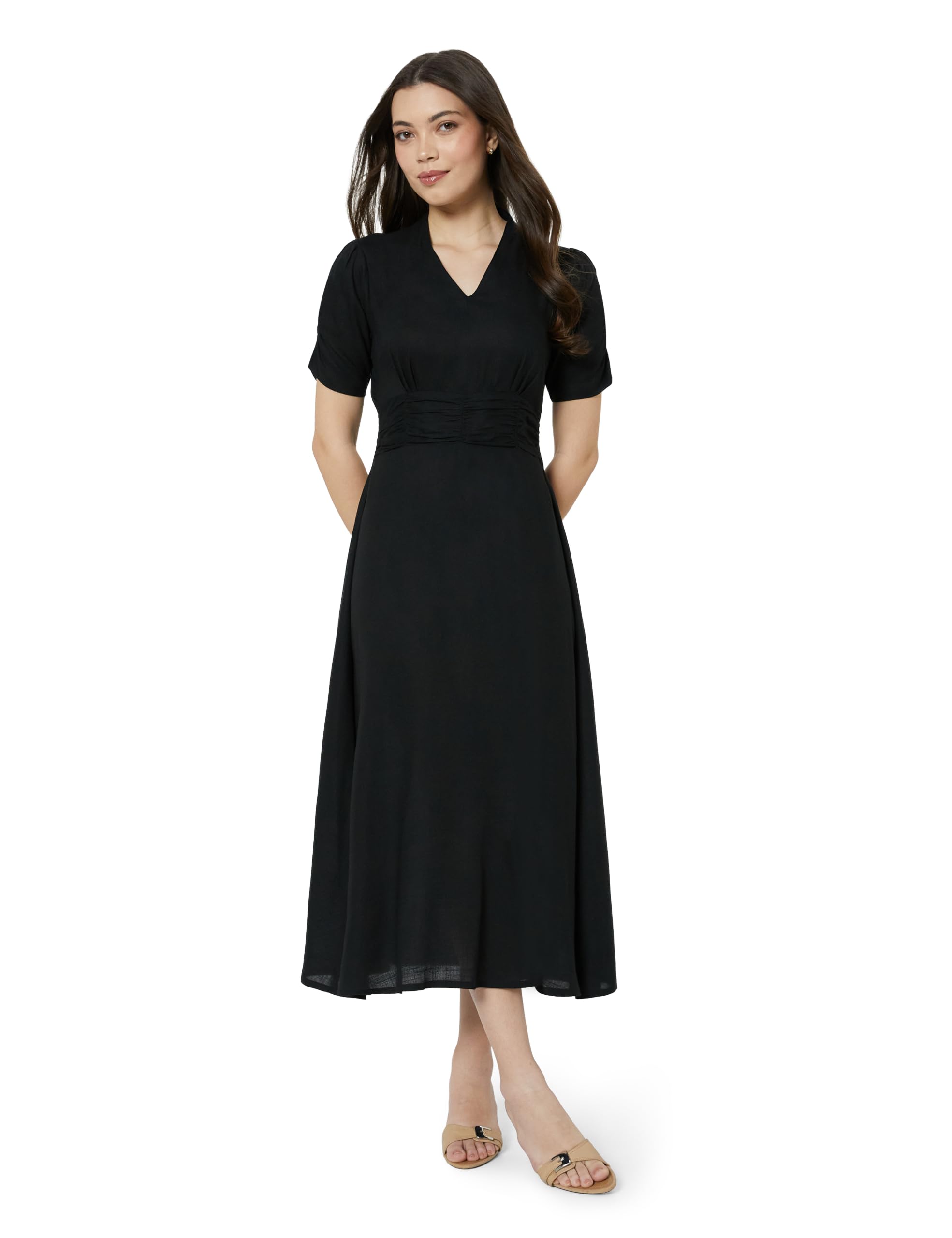 amazon brand - symbol Women's V-Neck Midi Dress | Ruched Waist, Puff Sleeves, A-Line Flared (Available in Plus Sizes)-picture-14