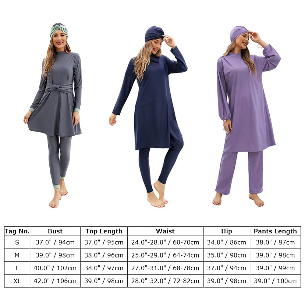 Odizli Burkini - Costume da bagno da donna musulmana a maniche lunghe + costume da bagno + cuffia da bagno, 3 pezzi