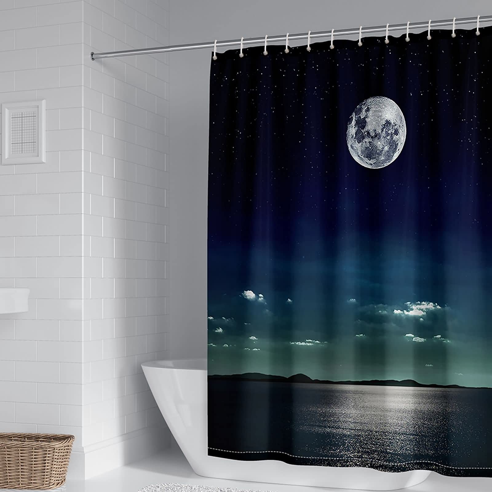 Rideau de douche 165x200cm polyester mer et lune pour salle de bain
