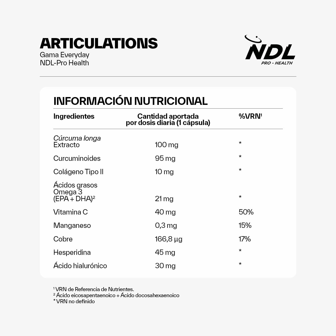 NDL Pro-Health Articulations | Colágeno Tipo II + Ácido Hialurónico + Cúrcuma + Vitamina C | Soporte para huesos, cartílagos y articulaciones | Contiene aceite de pescado | Rafa Nadal & Cantabria Labs