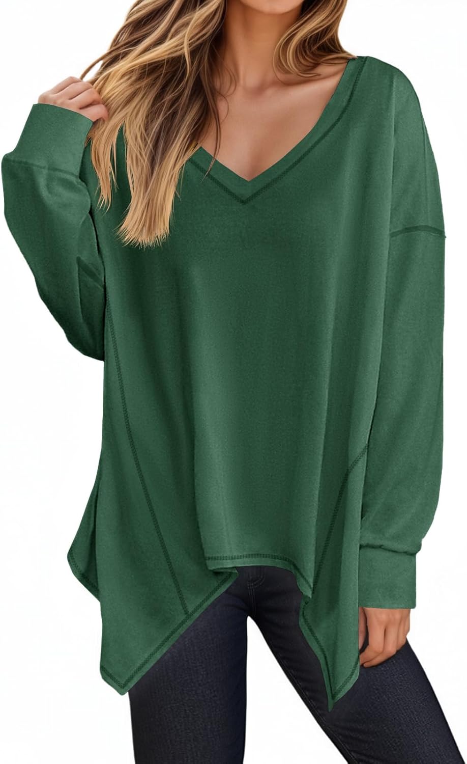 Tankaneo Womens Oversized Long Sleeve V Neck Tshirts Casual Loose Fit Shirts Trendy Fall Tunic Tops