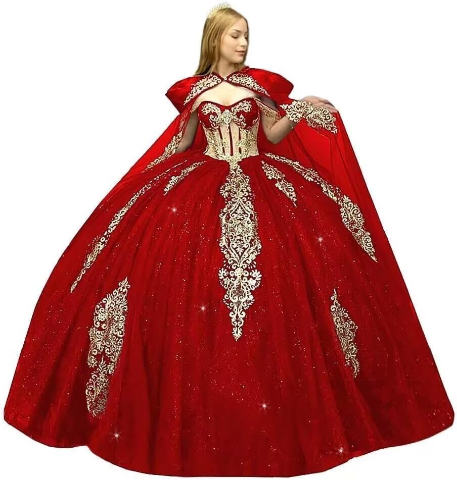 Women's Off Shoulder Quinceanera Dresses Ball Gown Puffy Tulle Sweet 16 Dresses Beading Sparkly Evening Gown with Cape