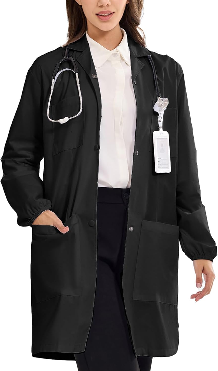 Women's Lab Coats Snap Closure 4 Pockets Elastic Cuffs Professional Medicas Long Sleeve Labcoats Scientist College