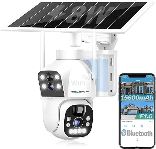 GENBOLT Cámara de seguridad solar WiFi inalámbrica para exteriores, 8 W 15600 mAh con batería de vigilancia doméstica CCTV con doble visión, foco de