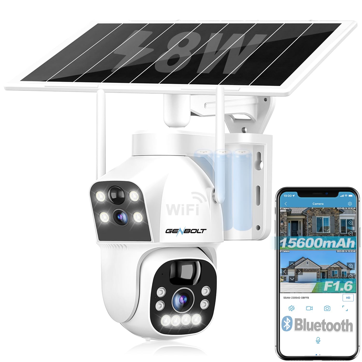 Solar WiFi Security Camera Outdoor Wireless, 8W 15600mAh Battery Powered Home Surveillance Camera CCTV with Dual View, Dual lens Spotlight IP Camera with Color Night, PIR Detection