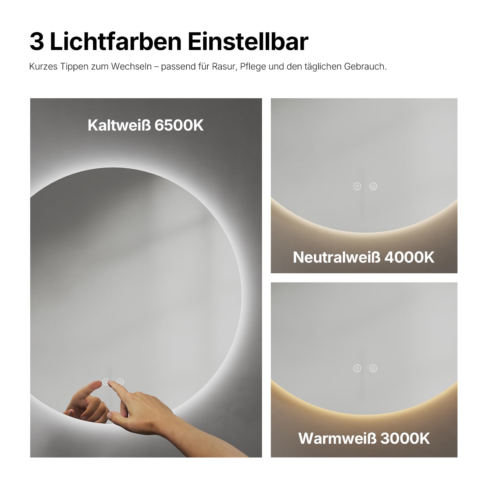 Badspiegel mit Beleuchtung Rund, 50 cm LED Spiegel mit Touch-Schalter, Badezimmer Spiegel mit Beleuchtung/3 Lichtfarbe Einstellbare/Dimmbar, LED Wandspiegel mit Licht, IP44