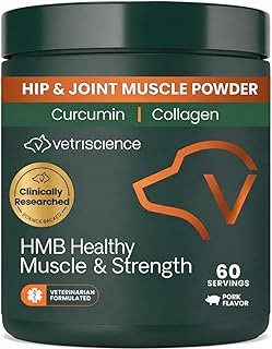 VetriScience HMB Healthy Muscle & Strength Supplement for Dogs, Mobility Support Powder with Collagen, Calcium, Vitamin D & Curcumin, Scoop Included, 60 Scoops