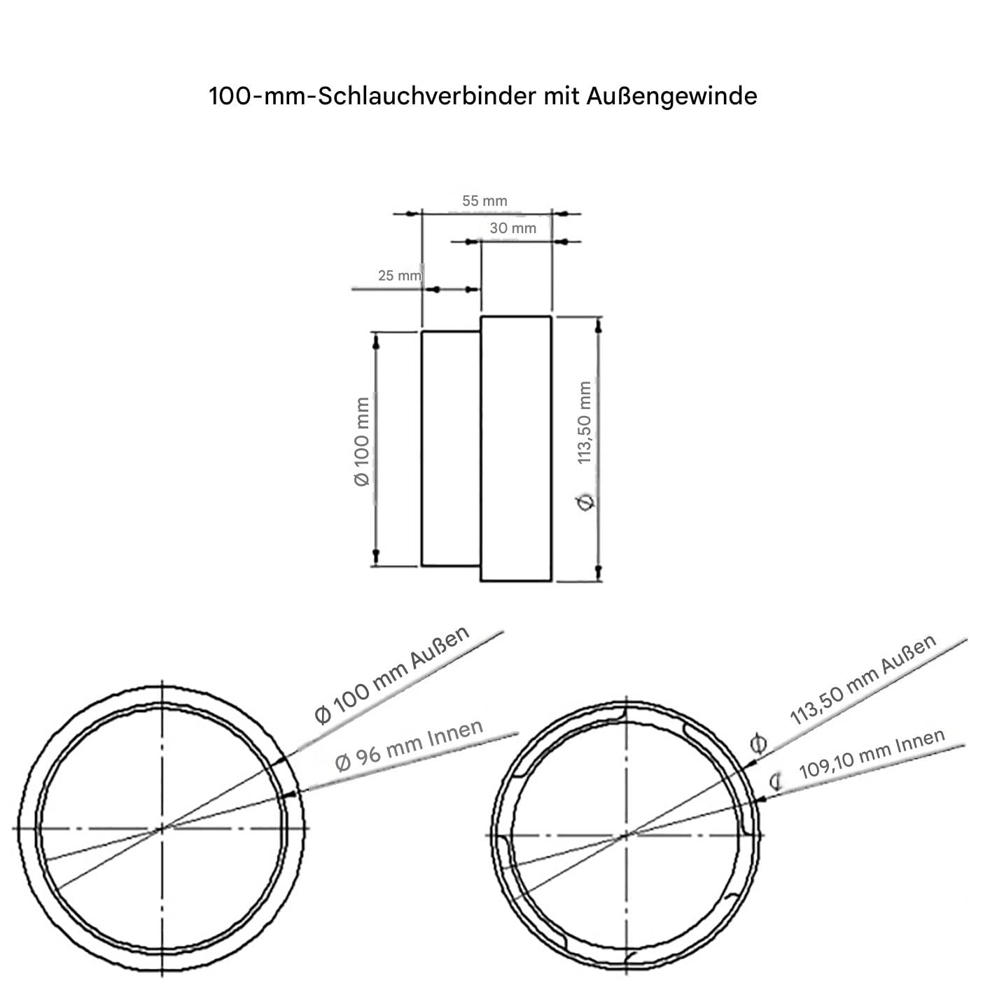 SPARES2GO Wäschetrockner-Adapter-Set, 100 mm, Gewinde, männlich und weiblich, für Schlauchauslass-Anschlussringe
