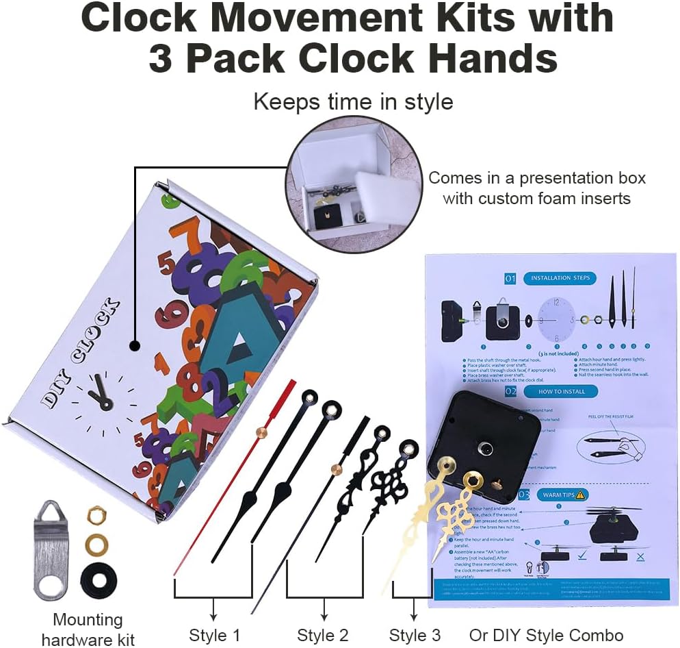 EMOON Clock Movement Mechanism Kit with 3 Pack Hands, Silent Sweep Quartz 12888 Motor, DIY Replacement for Custom Clock