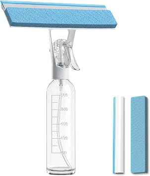 3-in-1 Window Squeegee for Window Cleaning with 300ML Tank & Scrubber | Window Cleaning Kit with Sponge Scrubber, Shower Squeegee for Glass Doors, Mirrors, Windshields, Car Windows & Hanging Hole