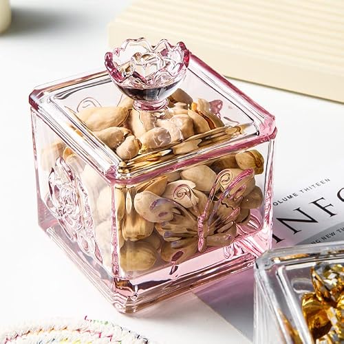Lwxpaiyy Glass Candy Dishes With Lids 16Oz,Pink Crystal Candy Jar With Lid,Embossed Candy Dish For Office Desk Coffee Table,Buffet Storage Food Cookie Candy Bowl Luxury Decorative Jar, (Pink) #TOP1
