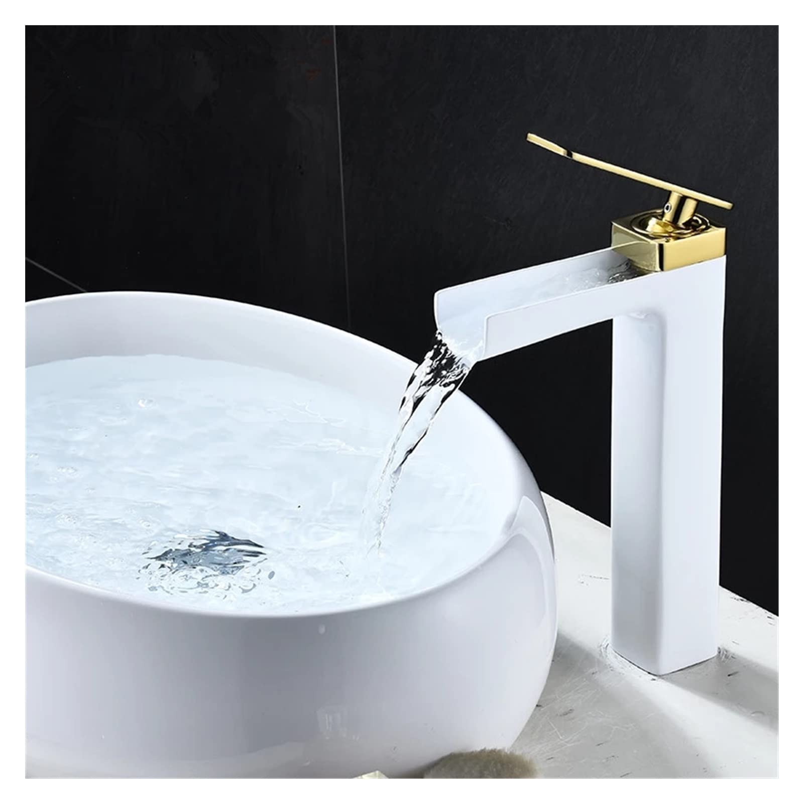 Cudtapi White Gold Tall Bathroom Faucet Black Gold Basin Faucet Bathroom Mixer Tap White Hot Cold Waterfall(White Gold Tall)