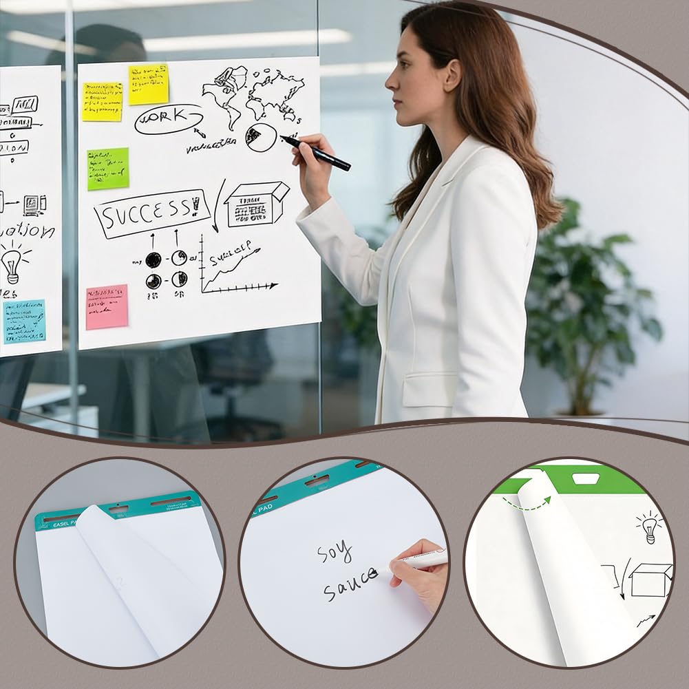WADORN Klebrige Flipchart Blöcke, 43x33cm Selbstklebendes Flipchart Weißes Papier mit Klebriger Rückseite Super Kleber und Einlaufresistent für Klassenzimmer Büro, 30 Blätter/Block, 3 Blöcke